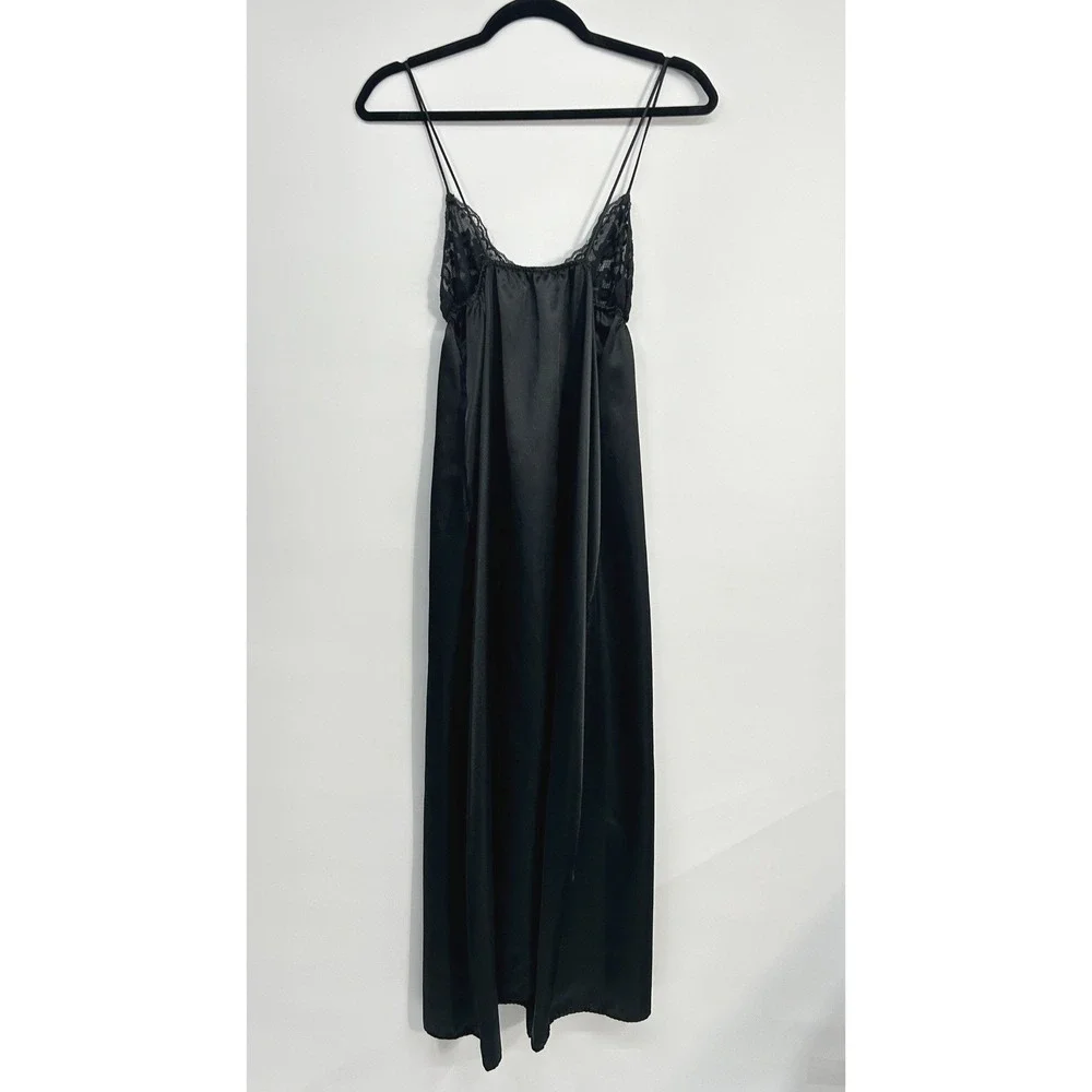 Black Satin Lace Babydoll Full Length Slip Dress Gown Lingerie XS/S Romantic